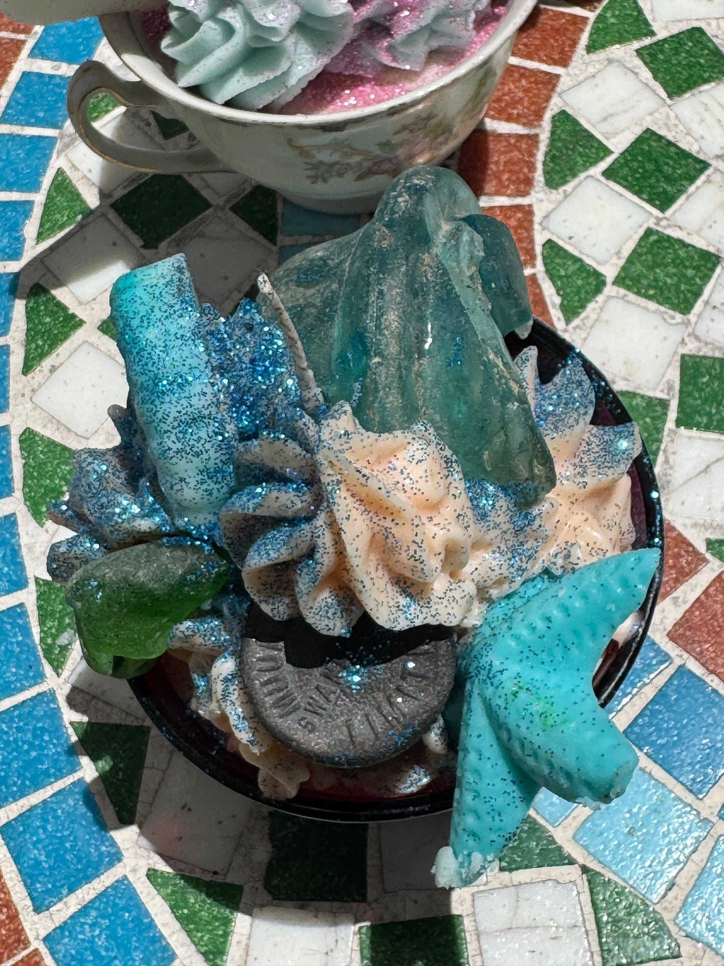 Huge Teal Smooth Insulator, Bonfire Seaglass, and Vulcanite stopper- Peach Mojito