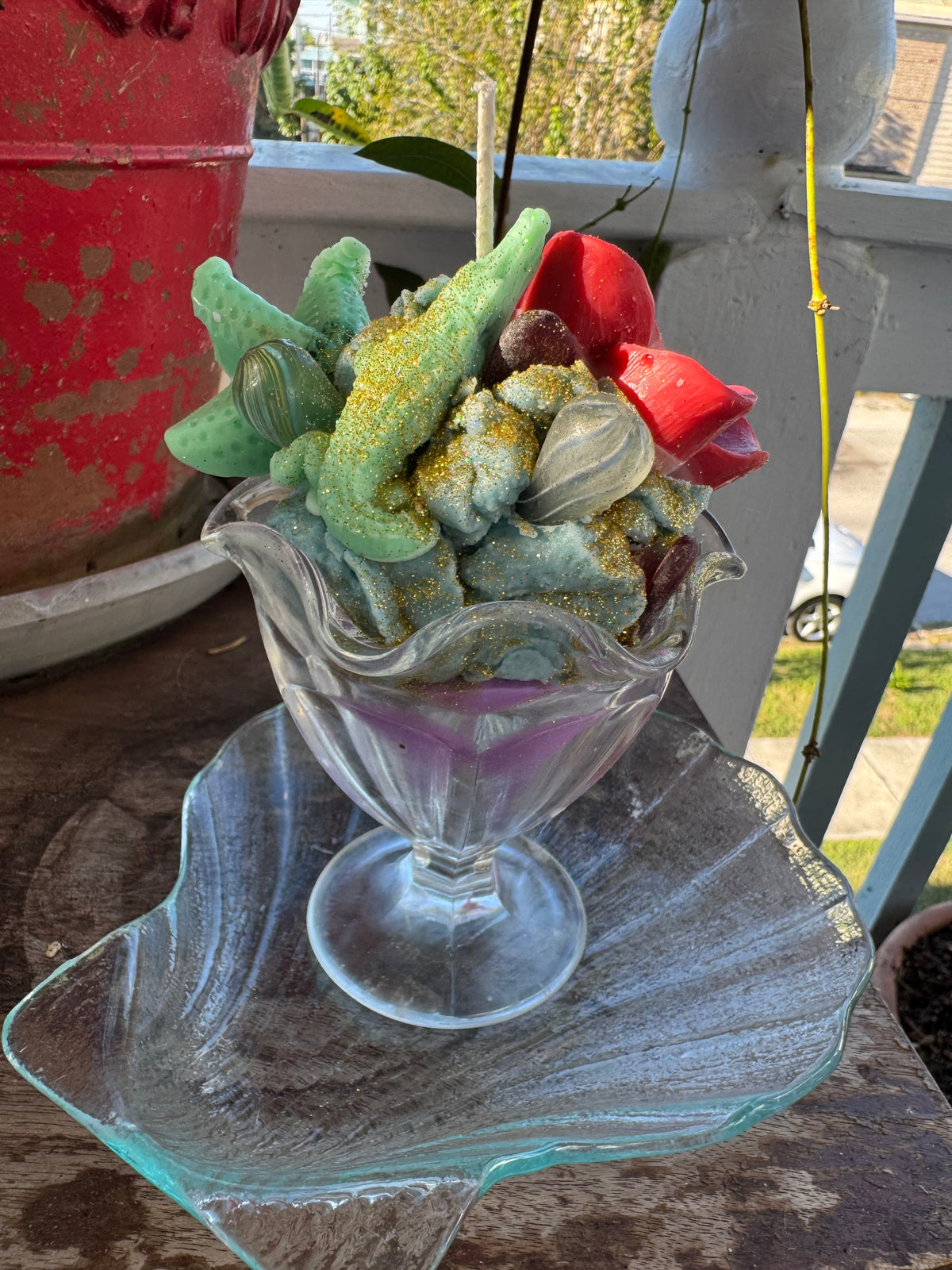 Two German swirl cane ends, Galveston red seaglass in Seawall Breeze with shell Drip plate