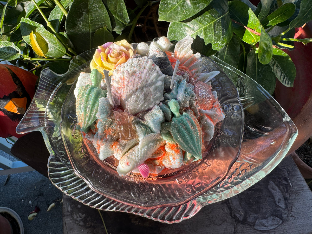 PINK BULLDOG CZECH CHARM, Galveston red seaglass in Seawall Breeze with Fish Drip plate