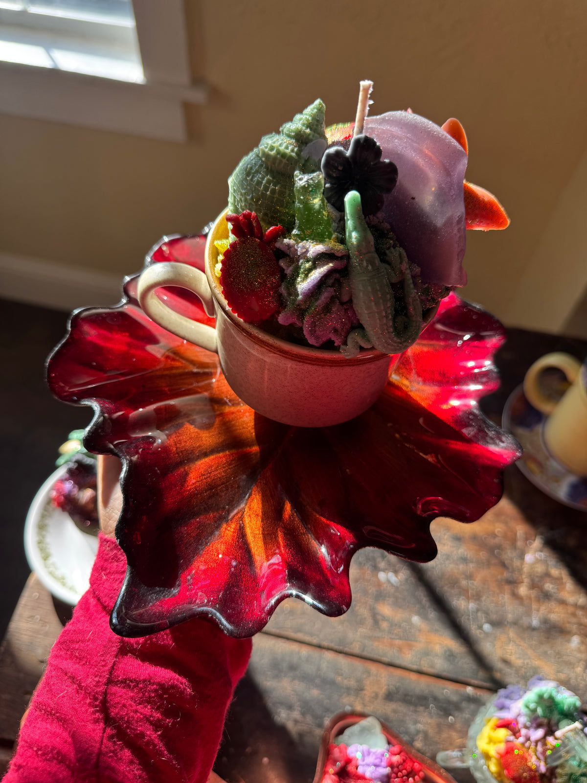 Green bulldog in Fall Festival Scent with drip plate
