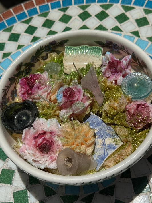 XL Candle- Extremely Sentimental Galveston Seaglass 1800s Pottery, Mermaid Nipple, Jug Stopper, Purple Glass- Peach Mojito