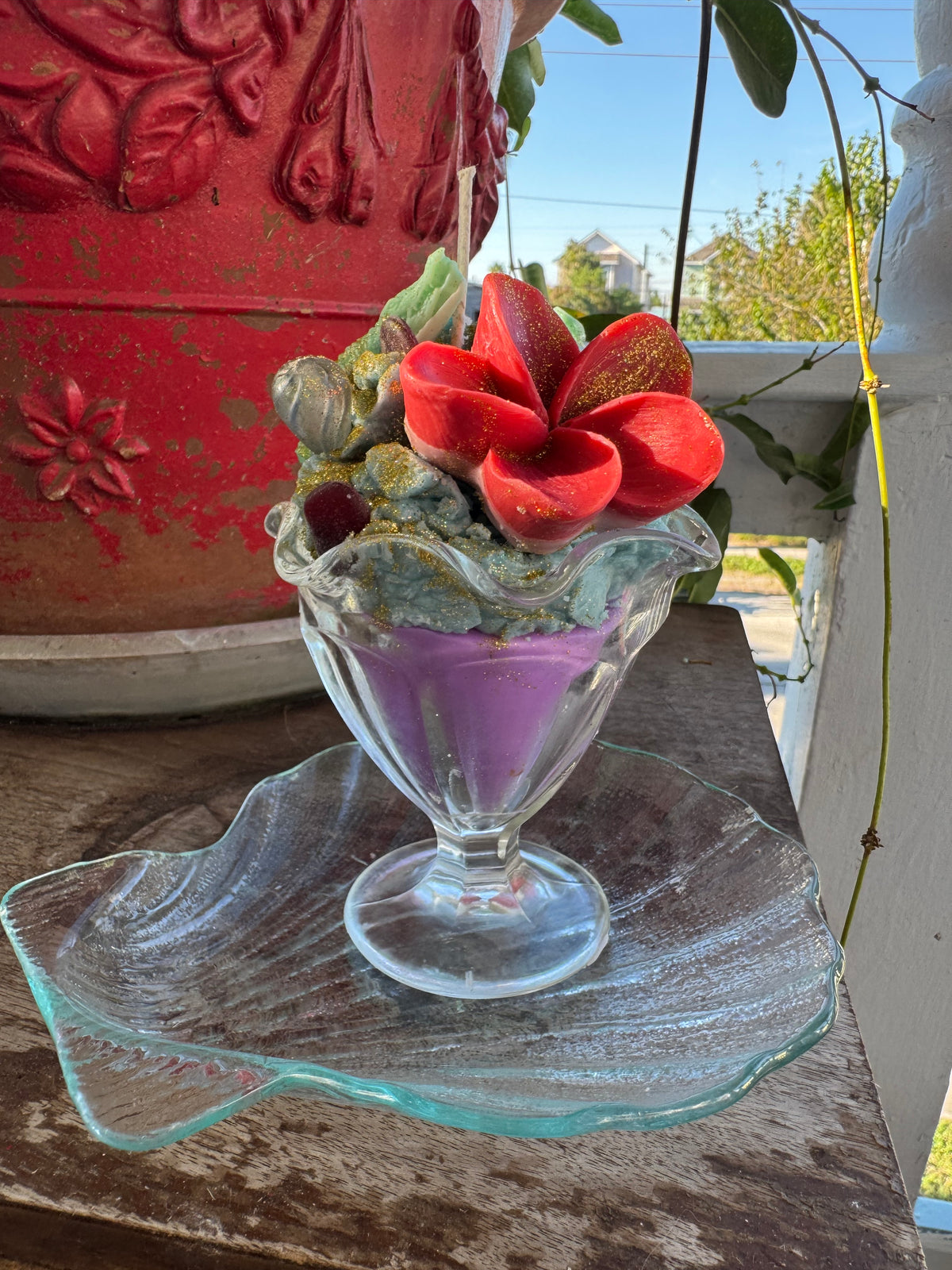 Two German swirl cane ends, Galveston red seaglass in Seawall Breeze with shell Drip plate