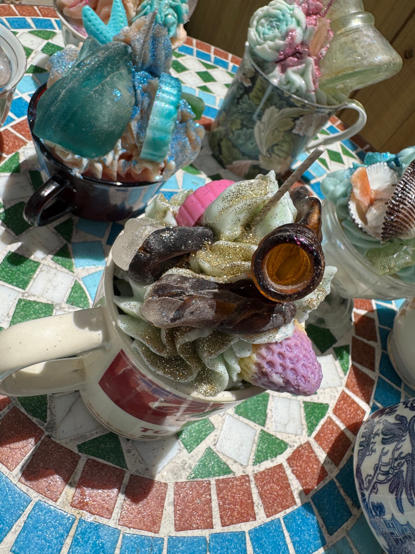 Campbell’s Bonfire Bottle& Multi Seaglass- Beach Sage Mint base with Plum Punch Whip