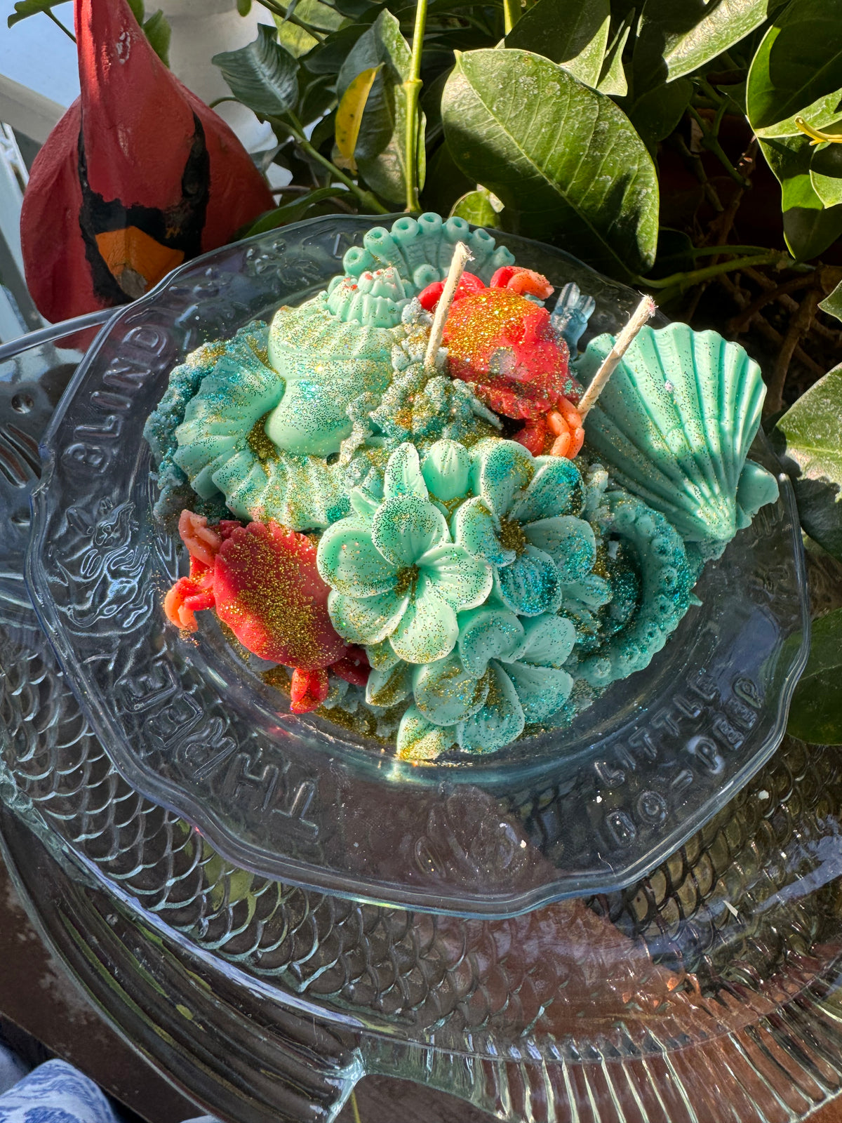 BLUE CZECH BUNNY, Galveston red seaglass in Seawall Breeze with Fish Drip plate