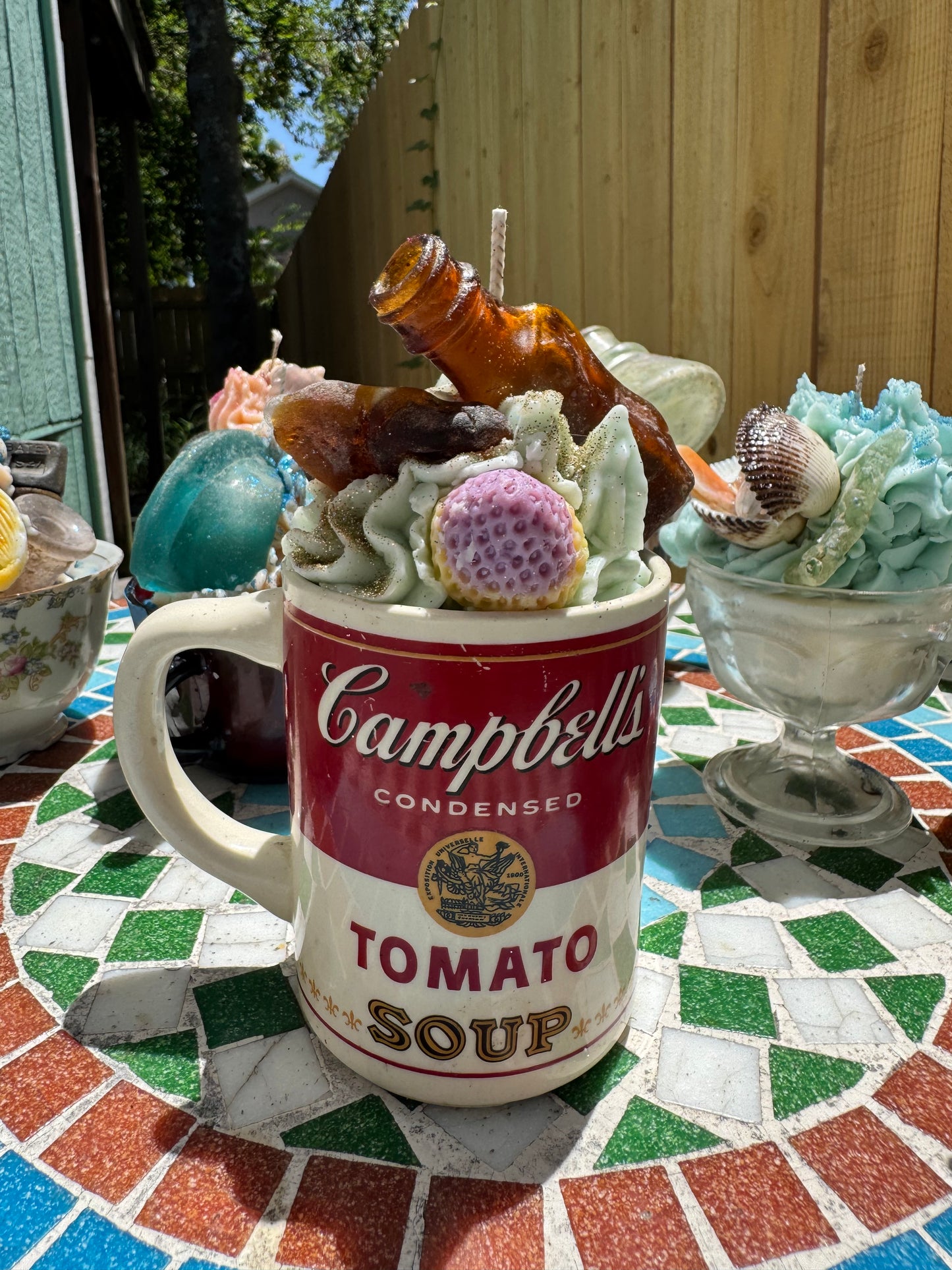 Campbell’s Bonfire Bottle& Multi Seaglass- Beach Sage Mint base with Plum Punch Whip