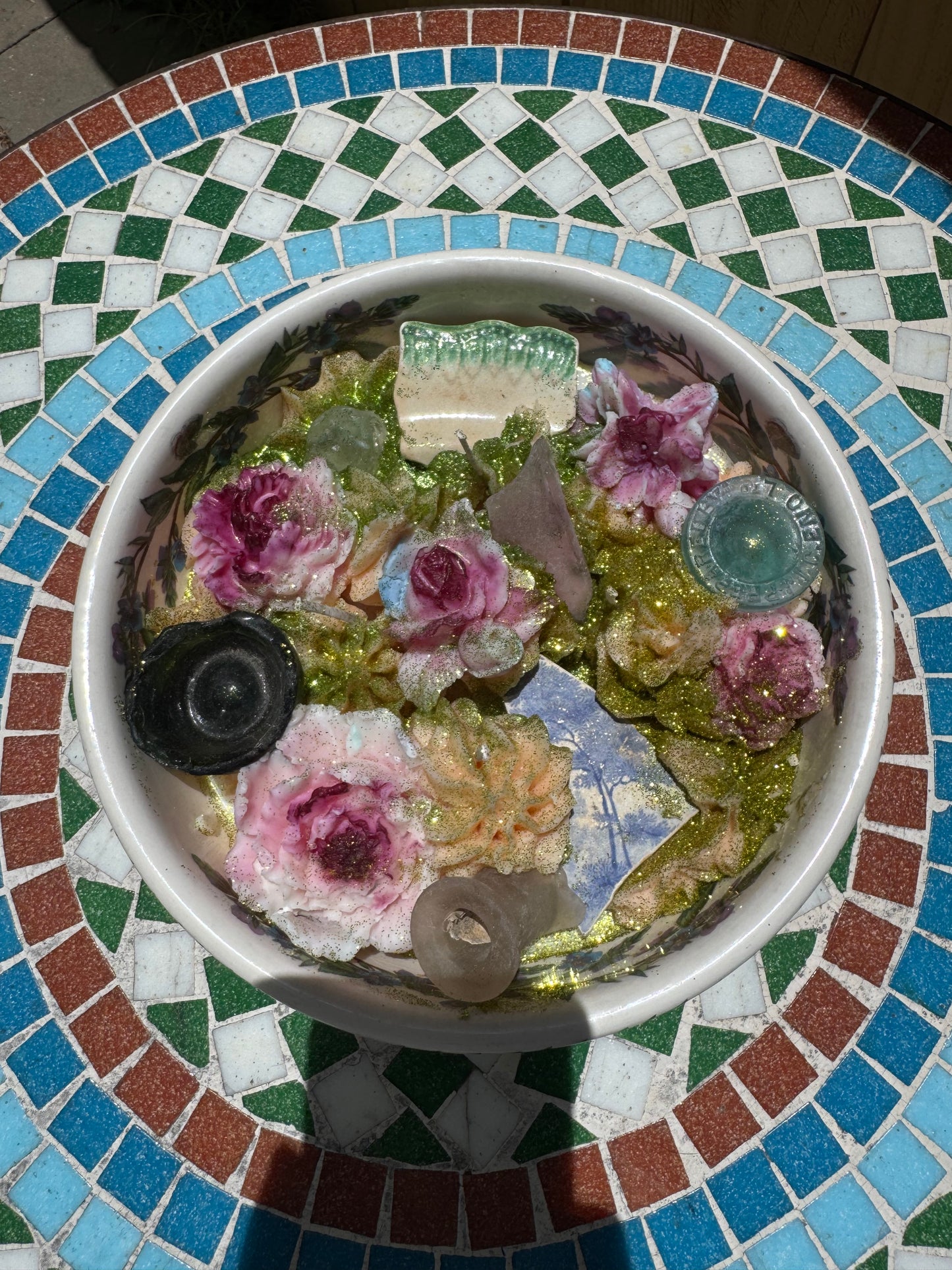 XL Candle- Extremely Sentimental Galveston Seaglass 1800s Pottery, Mermaid Nipple, Jug Stopper, Purple Glass- Peach Mojito