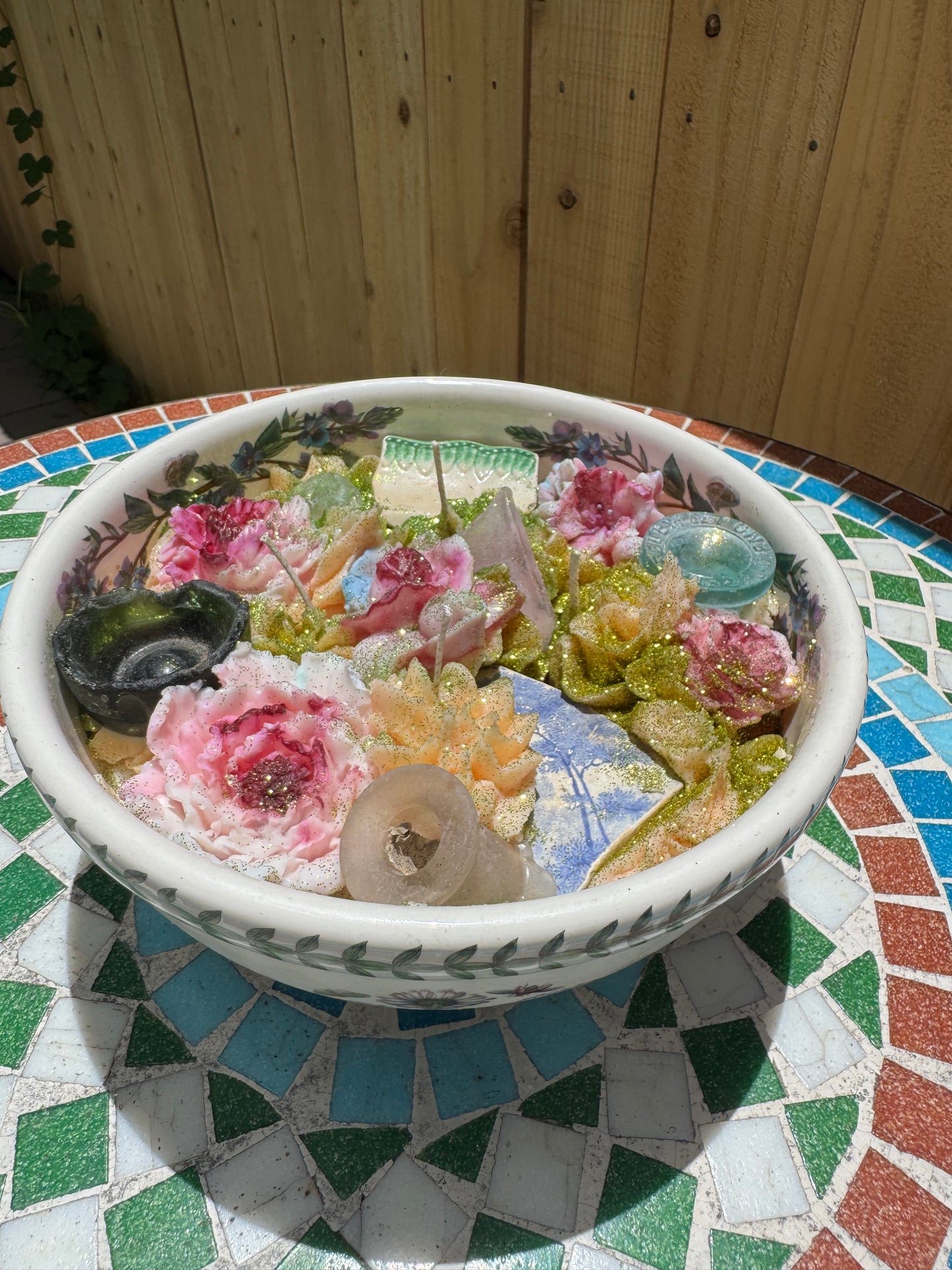 XL Candle- Extremely Sentimental Galveston Seaglass 1800s Pottery, Mermaid Nipple, Jug Stopper, Purple Glass- Peach Mojito