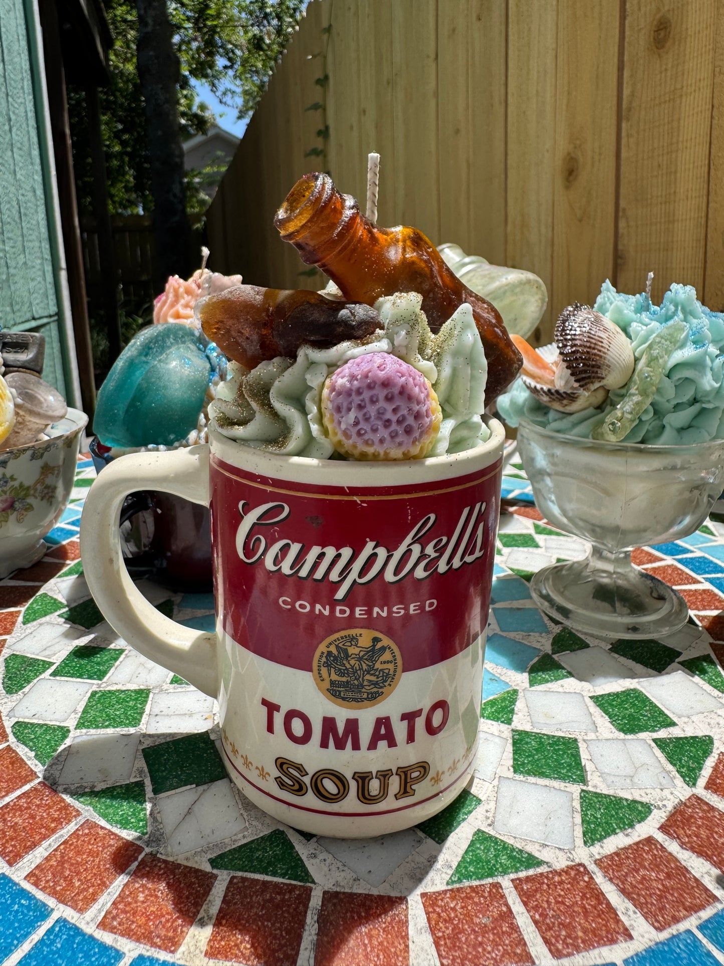 Campbell’s Bonfire Bottle& Multi Seaglass- Beach Sage Mint base with Plum Punch Whip