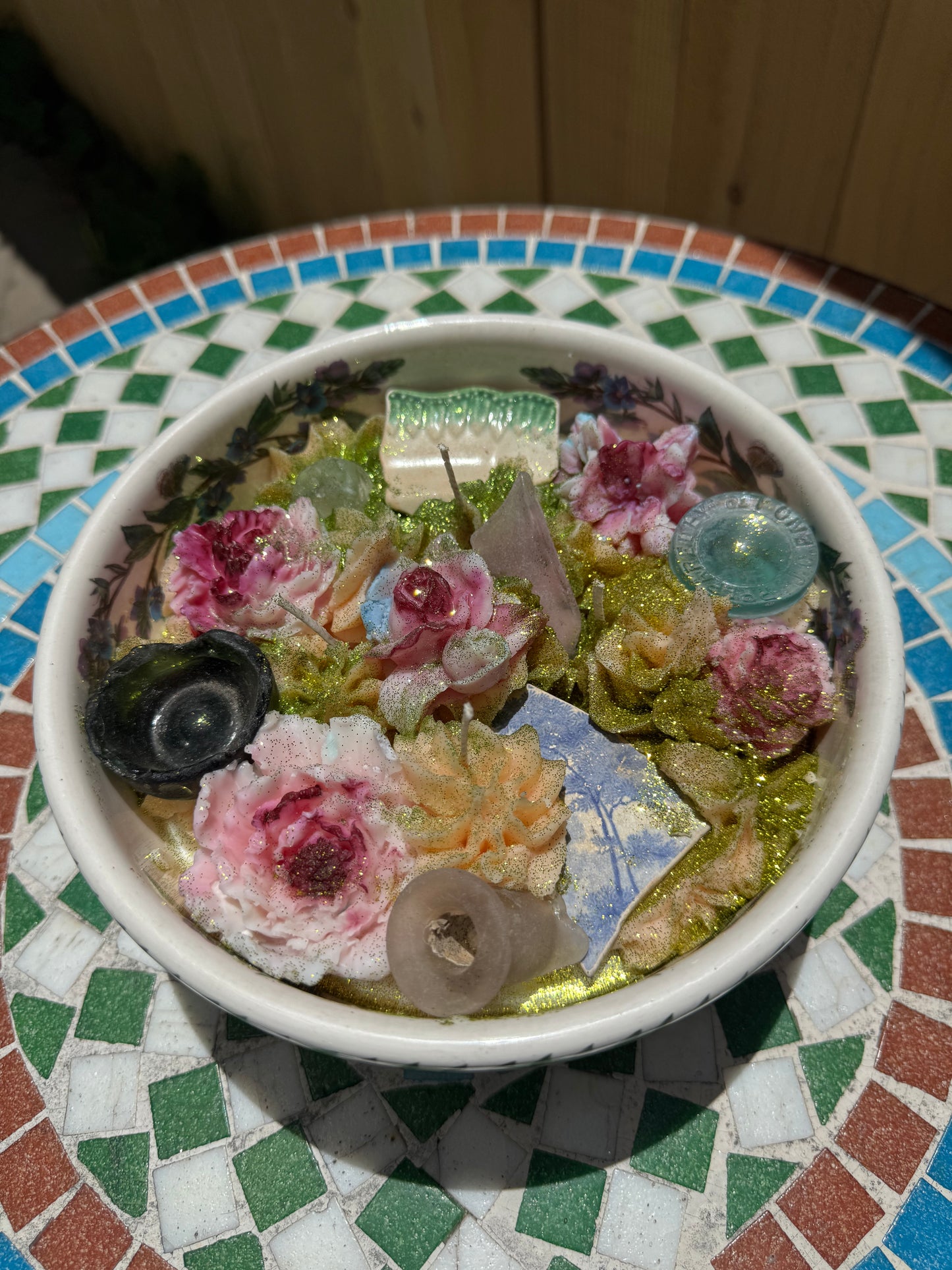 XL Candle- Extremely Sentimental Galveston Seaglass 1800s Pottery, Mermaid Nipple, Jug Stopper, Purple Glass- Peach Mojito