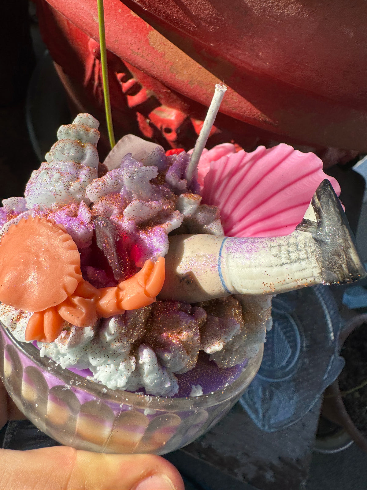 Doll leg dug in Houston , Galveston red seaglass in Seawall Breeze with fish Drip plate