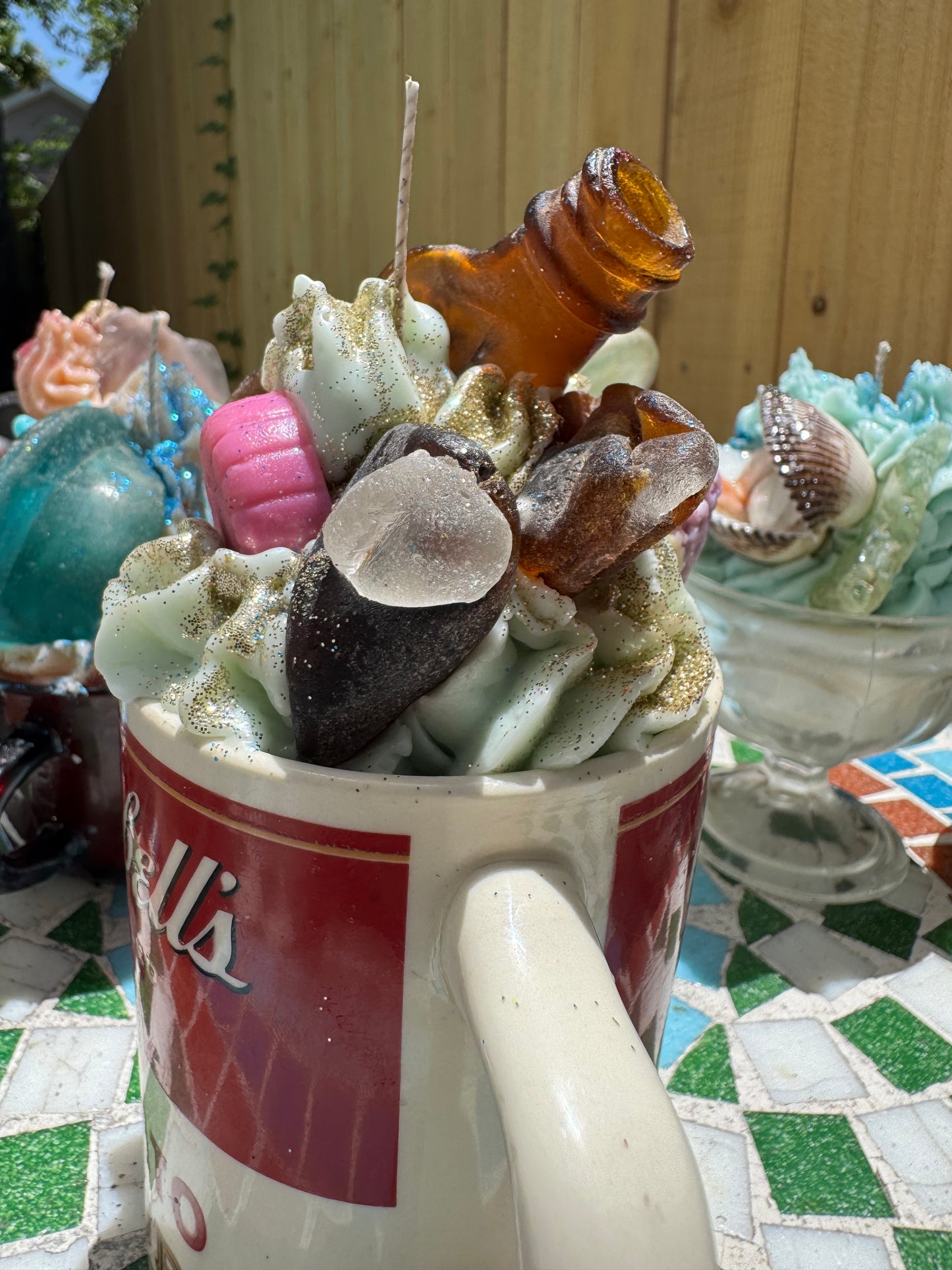 Campbell’s Bonfire Bottle& Multi Seaglass- Beach Sage Mint base with Plum Punch Whip