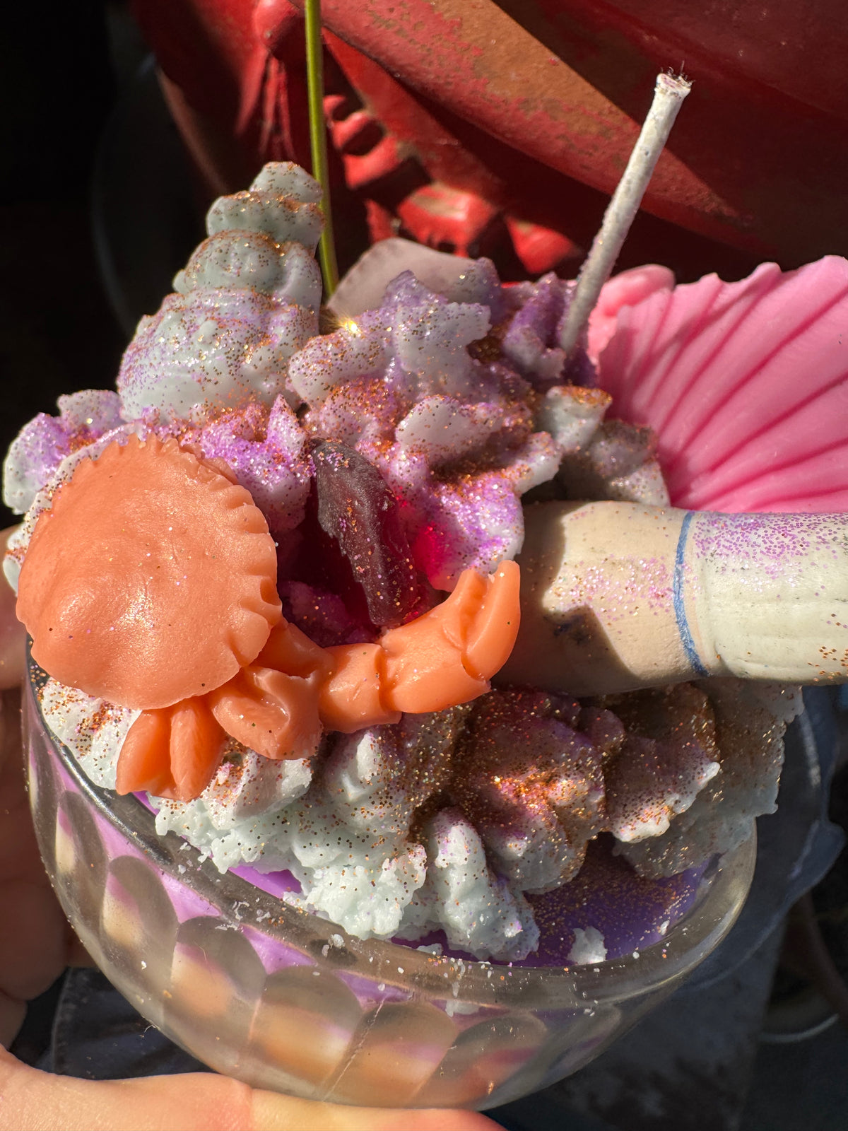Doll leg dug in Houston , Galveston red seaglass in Seawall Breeze with fish Drip plate