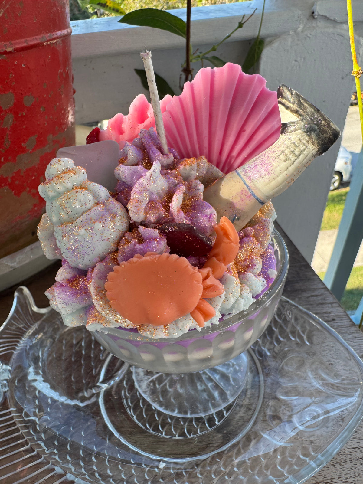 Doll leg dug in Houston , Galveston red seaglass in Seawall Breeze with fish Drip plate
