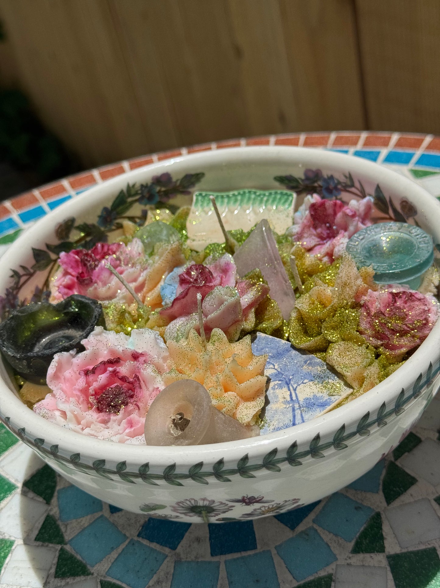 XL Candle- Extremely Sentimental Galveston Seaglass 1800s Pottery, Mermaid Nipple, Jug Stopper, Purple Glass- Peach Mojito